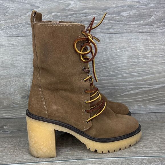 Free People Dylan Lace Up Taupe Brown Leather Tall Chunky Y2K 9-Eye Heeled Boots - Picture 1 of 13